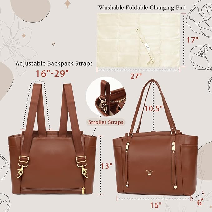 miss fong Diaper Bag Tote Leather Diaper Bag Backpack, Large Capacity Mommy Bag Hospital Bag, 12 Pockets Travel Diaper Tote with Changing Pad Pañaleras Para Bebe for Mom & Dad-Brown | Large Capacity, Mommy Bag, Hospital Bag, 12 Pockets, Travel Diaper T...