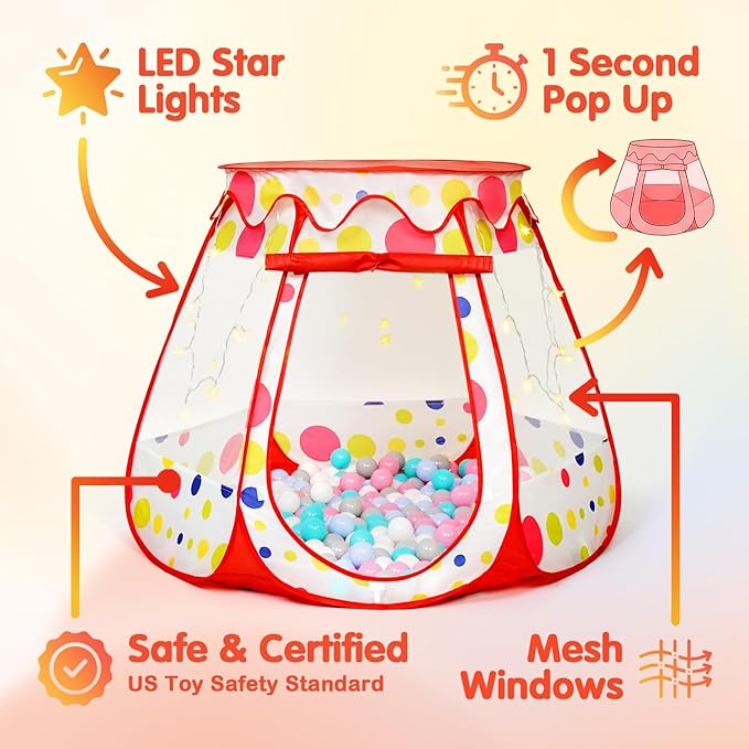 PopUp Princess Tent, Toddler Girl Toys Baby Ball Pit with LED Star Lights, Foldable Kid Play Tent with Carrying Bag, Indoor Outdoor 1 2 3 Year Old Girls Toy Gift for Birthday/Christmas, Red