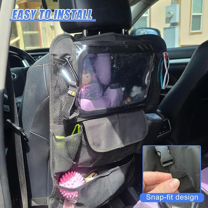 Car Backseat Organizer, Large Capacity Waterproof Auto Back Seat Kick Mats Protector with 12" Touch Screen Tablet Holder, Easy to Clean Car Front Seat Storage Pocket for Road Trip (1PC)