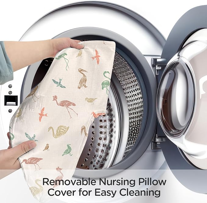Little Grape Land Nursing Pillow, Breast Feeding Pillows, 100% Cotton Muslin Cover Baby Support Pillow for Bottle Feeding, Sitting, Tummy Time, Machine Washable Cover (Wetland Bird, Upgraded Model)