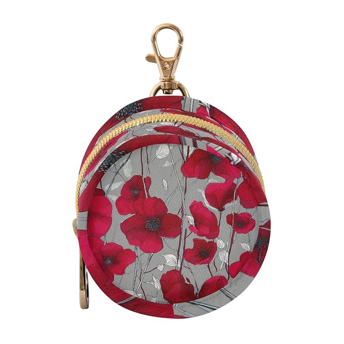 Pacifier Holder with Clip Pacifier Case for Diaper Bag Round Baby Pacifier Pouch Box Bag Portable Grey and Red Vintage Poppy Flowers01