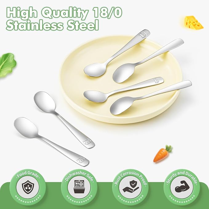 DRKIO Stainless Steel Toddler Spoons Set - 6 Pieces Kids Spoons Set Children Safe Food Grade Kids Silverware Small Spoon Metal Toddler Utensils Dishwasher Safe Mirror Polished