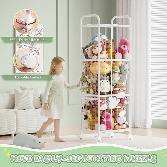 Stuffed Animal Storage Metal Tube Extra Large Toy Storage Organizer with Brake Wheels, Stuffed Animal Holder Zoo Organizer for Nursery Playroom Kids Room White(53.5??x 18.1?�x 13??
