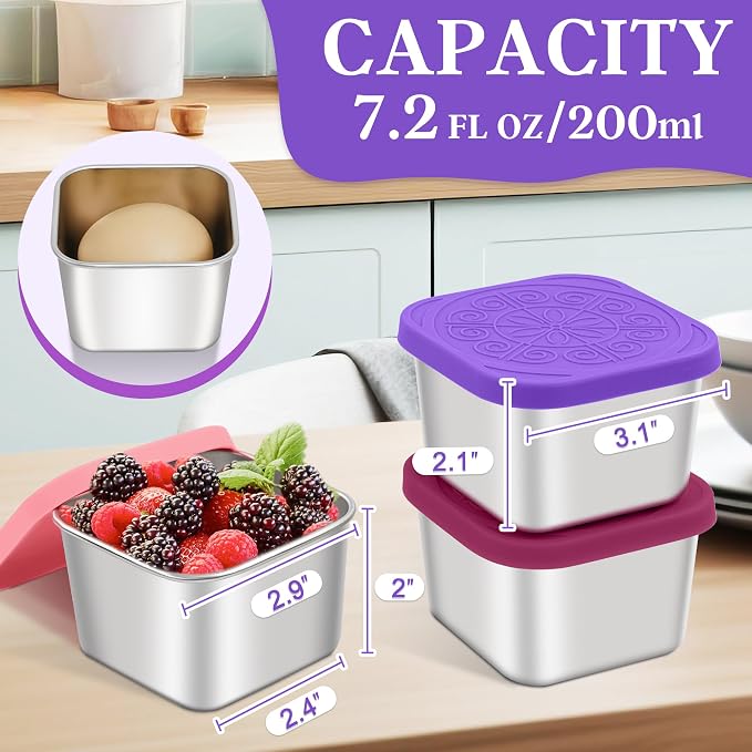 Qukaka Stainless Steel Snack Containers for Kids,7.2oz Easy Open Leak Proof Reusable Snack Box Container with Lids,Small Lunch Containers for Meal Prep,School,Picnic and Travel-3Pack