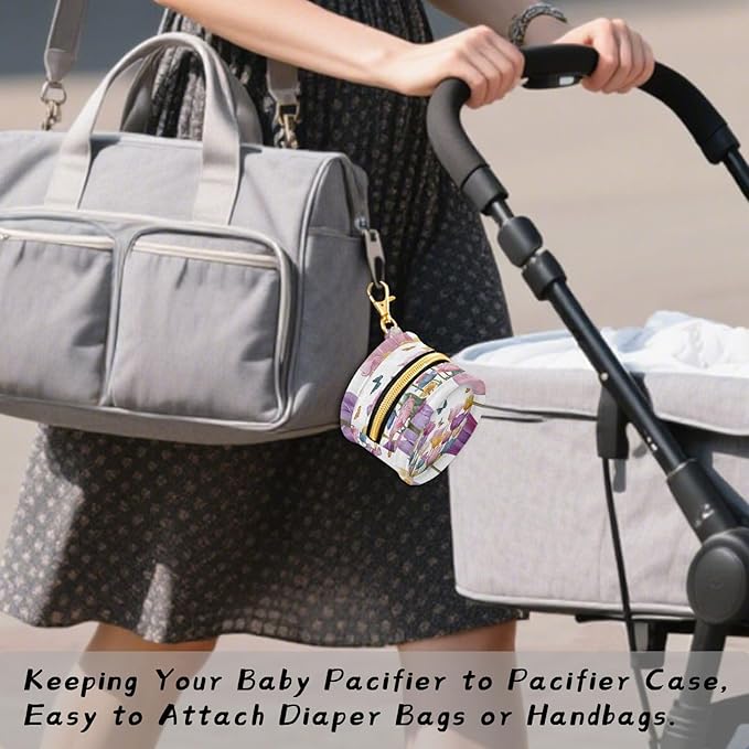 Pacifier Holder with Clip Pacifier Case for Diaper Bag Round Baby Pacifier Pouch Box Bag Portable Light Pink Tulips Butterfly
