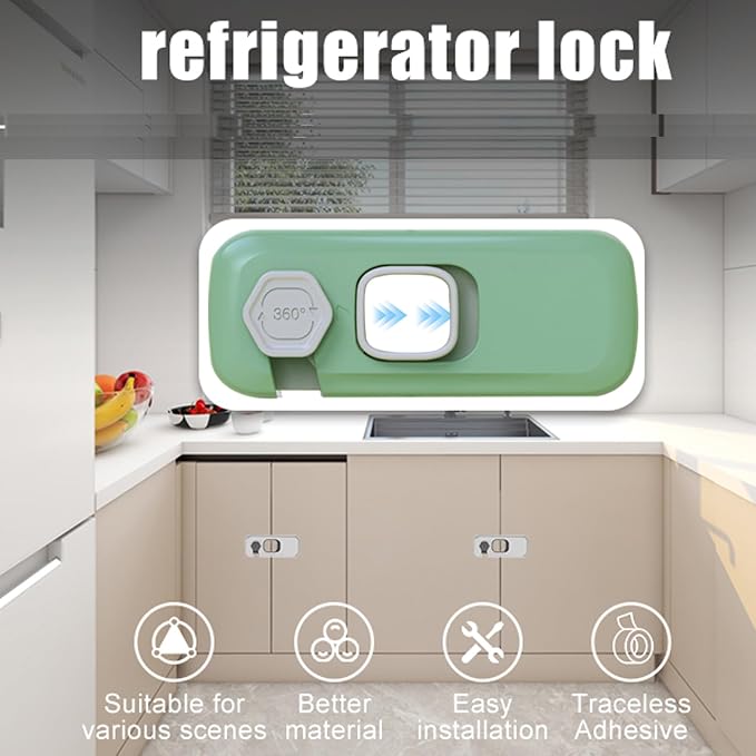Fridge Locks with Self Adhesive, Refrigerator Latch for Kids, Toddlers and Children, Child & Baby Proofing Freezer Door Lock for, Cabinets and Drawers, Oven, Windows (Green-2pack)