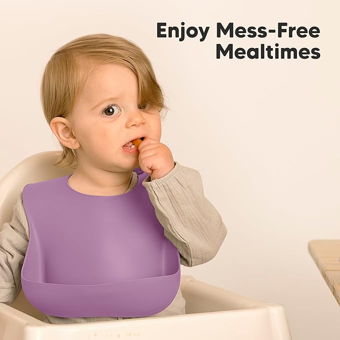 KeaBabies 2-Pack Silicone Bibs for Babies, Toddlers Girl, Boy ??Sturdy Food-Grade Baby Bibs for Eating, Large Food Catcher, Clean & Put On Easily, Waterproof Toddler Feeding Essentials (Amethyst)
