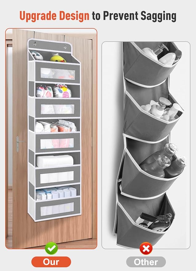 Over The Door Organizer Storage, 5 shelf Hanging Door Organizers with 10 Large Capacity Pockets, Anti Tilt 48 lb Load Behind Door Organizer for Bedroom, Bathroom, Pantry (Grey, 1 Pack)