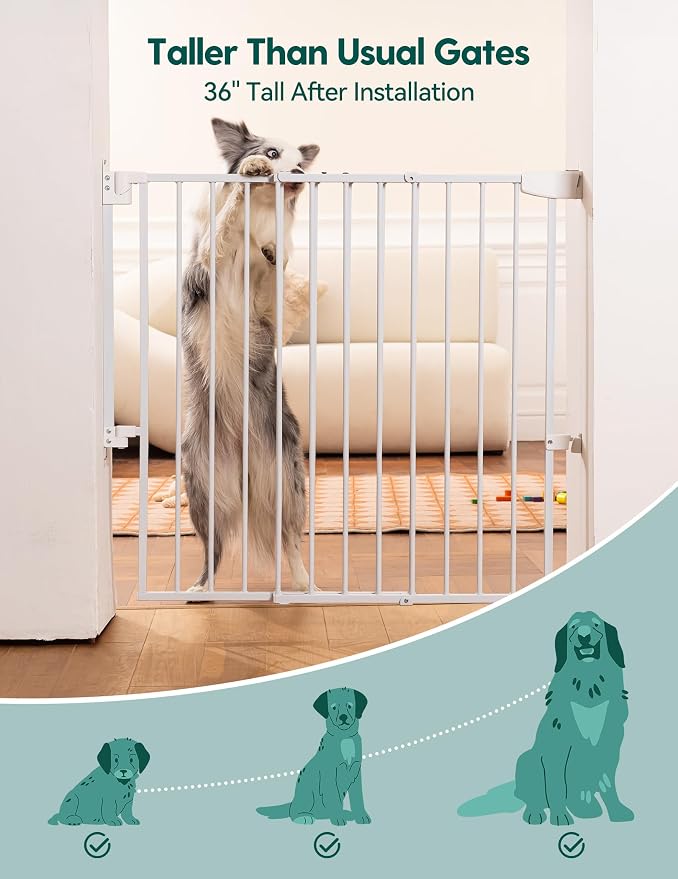 Babelio 34" Tall No Bottom Bar Baby/Dog Gate for Stairs, House and Doorways, 29.7-46.5" Auto Close Safety Pet Gates with Large Walk Thru Door, Hardware Mount, White