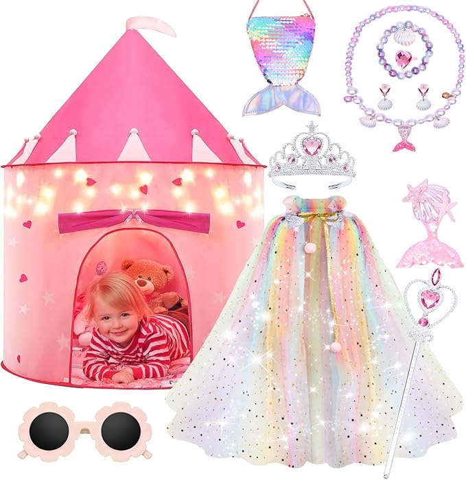 13 Pcs Princess Castle Play Tent with LED Star Lights - Princess Dress-Up Set with Crown for Little Girls - Play Toy Tent - Indoor and Outdoor Girls Castle Playhouse Tent - Rainbow