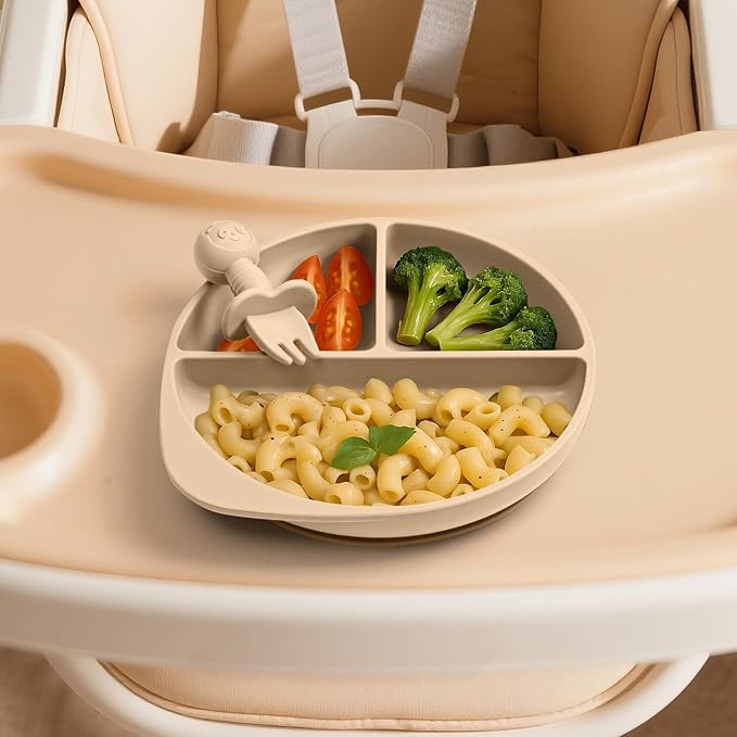 7-Piece Silicone Baby Feeding Set - Divided Suction Plate with 3 Sets of Spoons and Forks, BPA-Free Toddler Plates for Baby-Led Weaning & Self Feeding, Dishwasher & Microwave Safe