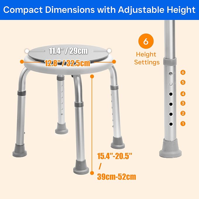 360° Swivel Shower Seat, FSA/HSA Eligible, 6-Height Adjustable Bath Stool with Non-Slip Seat & Rubber Tips, Easy Assembly, Ideal for Seniors, Handicap, Pregnant – 350 lbs Capacity