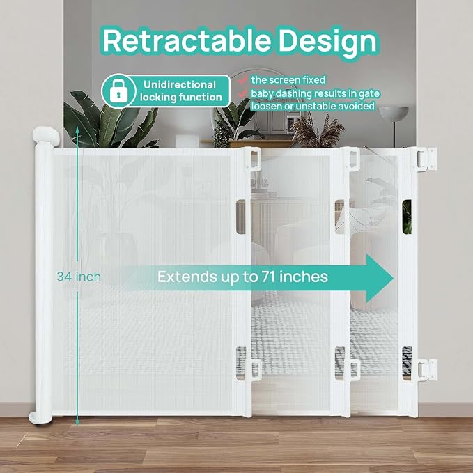 Retractable Baby Gate, Upgraded One-Way Lock Mesh Dog Gate Tall 34”, Extends up to 71” Extra Wide Pet Gate and Safety Child Gate for Stairs, Doorways, Hallways, Banisters, Indoors, Outdoors