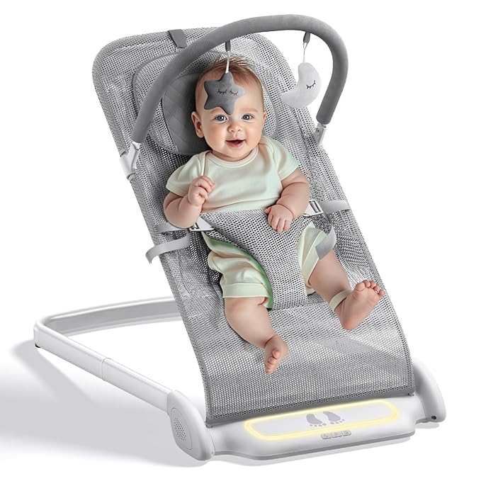 Derson Baby Bouncer, Portable Baby Bouncer Seat for Babies 0-6 Months, Infant Bouncer Chair Newborn with 8 Soothing Music, Foldable, Natural Vibrations (Gray)