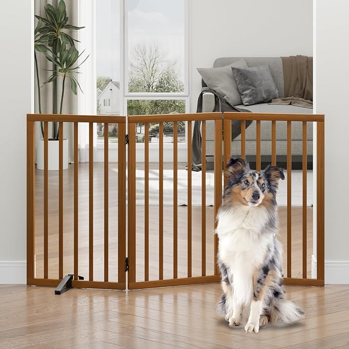 Dog Gates for Doorways, Tall Dog Gate Indoor, Foldable Pet Gates for Doorways Bedroom, Freestanding Puppy Gate with Metal Support Feet, Room Divider,3 Panels (Walnut)