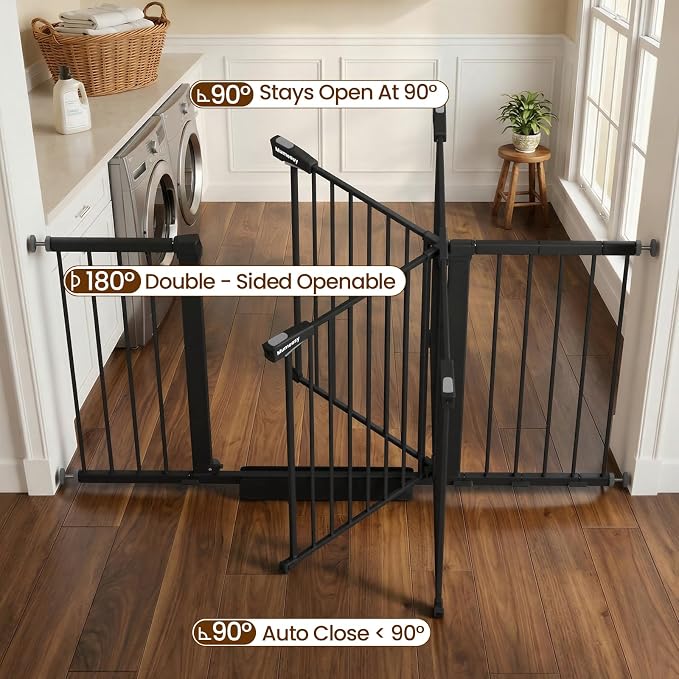 Mumeasy 29.7-57" Extra Wide Baby Gate, Auto Close Large Dog Gate for Doorways, No Drilling Pressure Mounted Pet Safety Gate for Stairs, Easy Walk Through Child Gate for Hallways, House, Indoor, Black