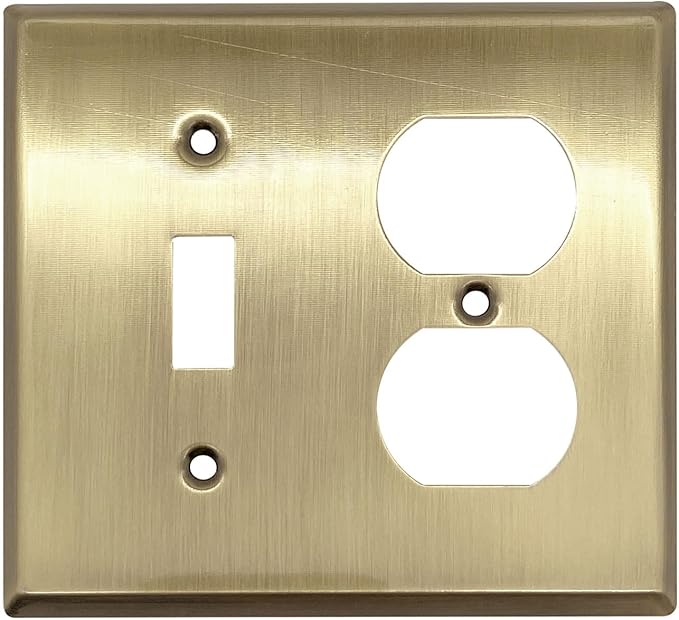 Rio Salto BRASS Signature Collection Midsize Vintage Metal Gold Combination Toggle Switch and Duplex Receptacle Wall Plate Outlet Cover Light Wallplate 2-Gang Antique Matte (Combo Toggle/Duplex)