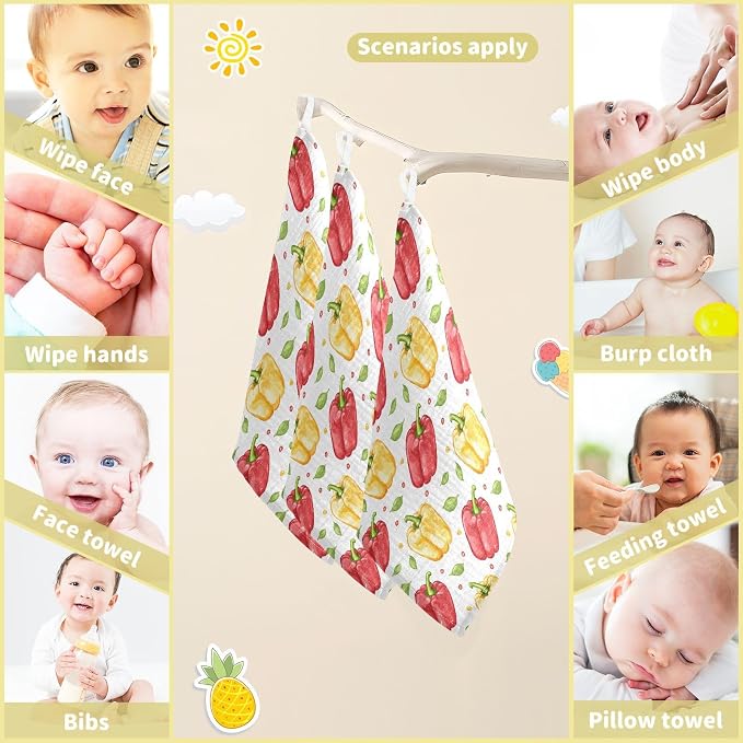 vvfelixl Bell Peppers Baby Burp Cloths Baby Muslin Washcloths for Boys Girls Cotton Babys Face Towel for Newborn Soft 11.8 X 11.8 in, 5 Pack