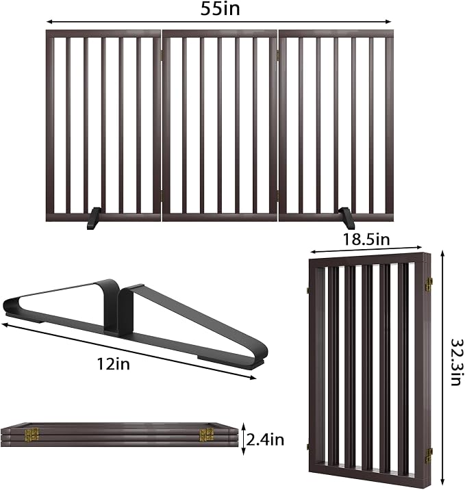 Dog Gate for Doorways 32" Tall Freestanding Dog Gate for Stair Foldable Pet Gate for Dogs Indoor (Brown,3 Panel)