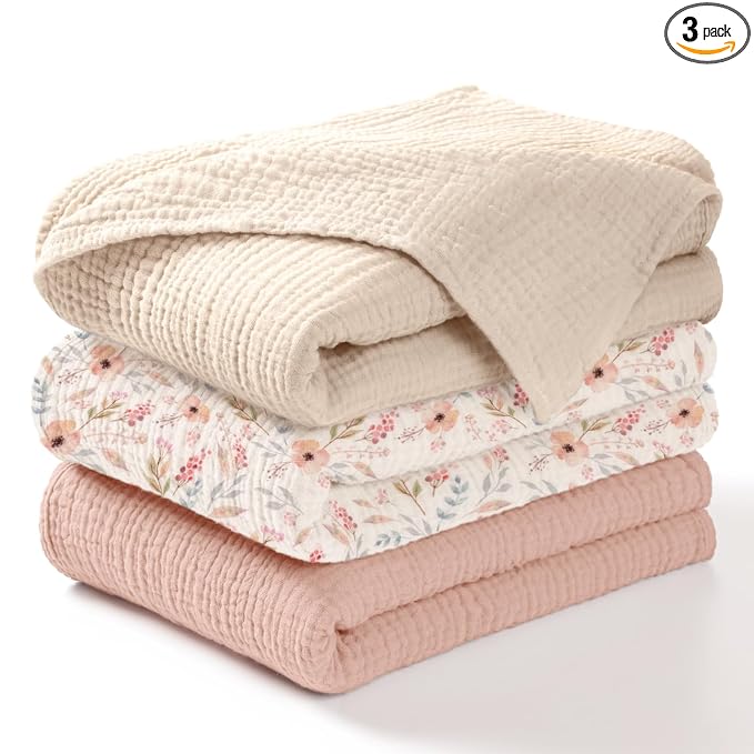 lulumoon Muslin Swaddle Blankets for Baby: Lightweight & Breathable Receiving Blankets for Hospital - Neutral Registry Gift for Newborn 3pack (WhitePinkFlower)