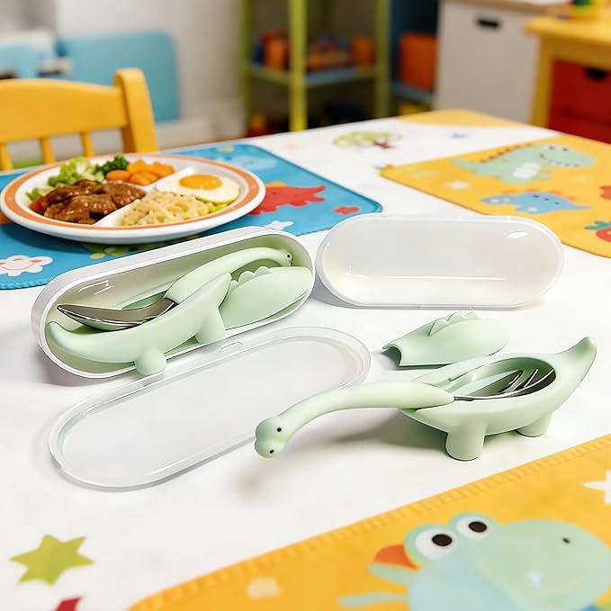 Baby Toddler Fork and Spoon Utensil Set, 4 Pack, Green Dinosaur | Silicone, Stainless Steel, Dinosaur