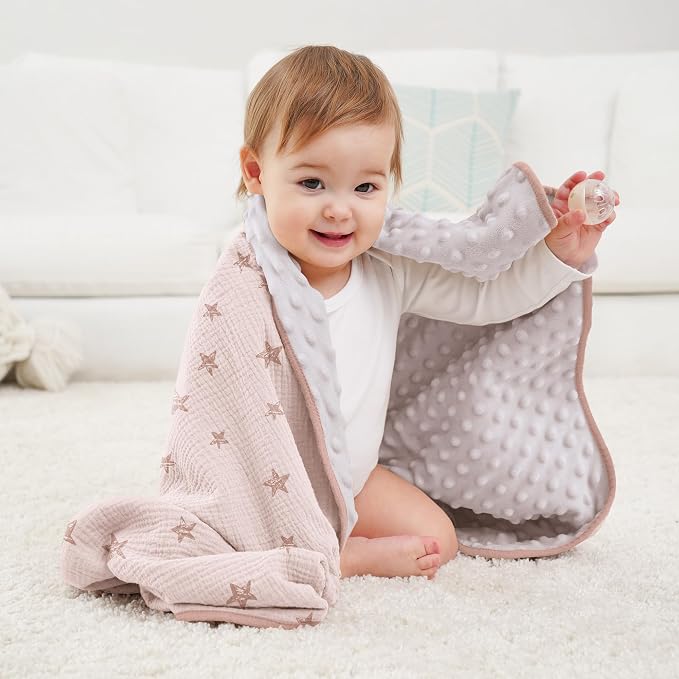 Susurration Baby Blanket for Unisex Boys Girls, Soft Nursery Minky Blanket with Muslin Cotton Front and Dotted Fleece Back, Receiving Blanket for Baby Newborn Infant, 30x40inch (Pink Star)