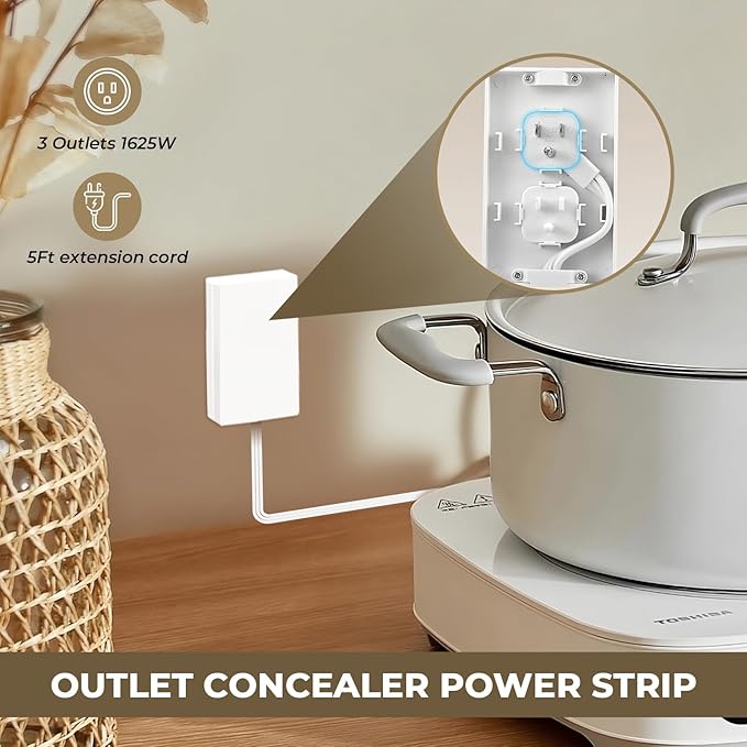 SakerPlus Outlet Concealer Power Strip | 5ft Flat Extension Cord | Ultra-Thin Outlet Cover Extension Cord with 3AC Outlets-,Universal Size,1625W for Kitchen, Home Improvement, Child & Pet Safe