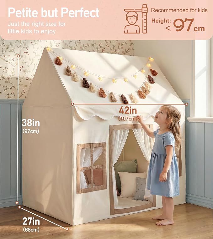 Little Dove Kids Play Tent with Mat, Star Lights, Tassel Garland, Toddler Playhouse with Windows Easy to Wash, Indoor and Outdoor Play Tents for Kids, Toys for Girls, Boys, Birthday Gift, Beige