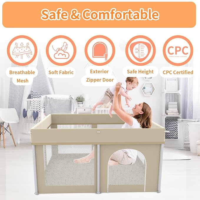 Foldable Playpen 50x50, Foldable Ultra-Portable Baby Playpen, Instantly Deployed in Three Seconds, Safe Baby Playard with Soft Breathable Mesh, Perfect Activity Center for Baby's Play, Beige
