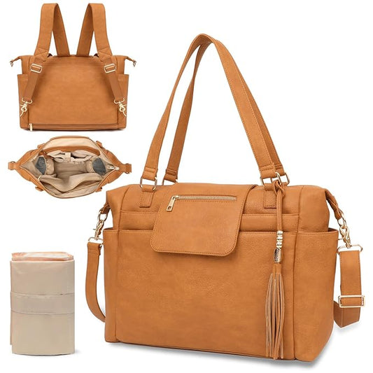 Omanmoli Diaper Bag Tote Leather Diaper Backpack Large Baby Bag 14 Diaper Bag Organizing Pouches,Changing Pad,Crossbody Strap,4 Insulated Pockets,Honey