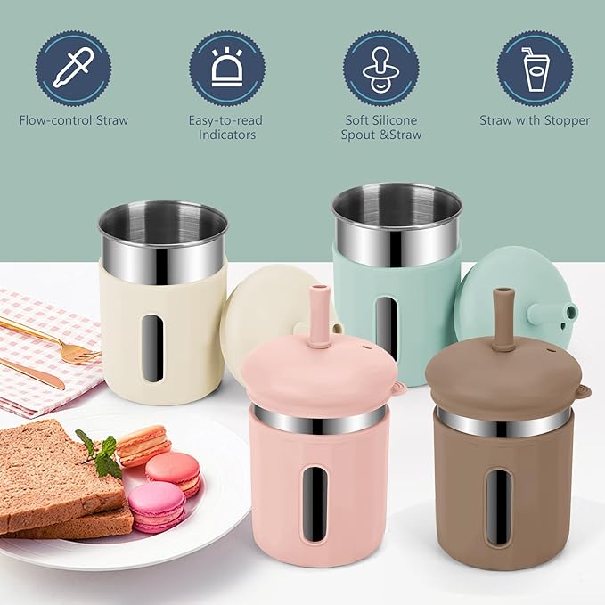 Stainless Steel Kids Cups, 12.51 oz Toddler Tumbler with Straws and Lids, Spill-Proof Baby Smoothie Cups with Silicone Sleeve, Versatile 2-in-1 Drinking Snack Cups for Kids, 4 Colors B