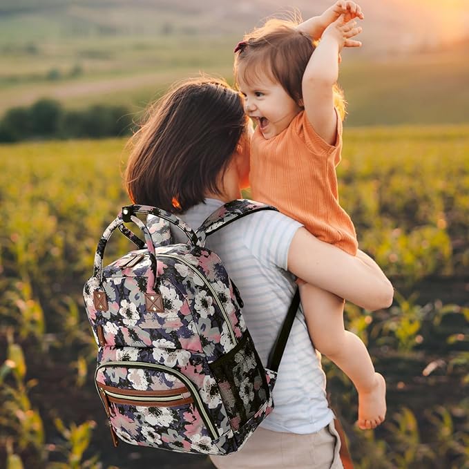 Diaper Bag Backpack Tote for Women Large Capacity, Multifunctional Waterproof Baby Bag with Insulated Pockets For Baby Girl Boy Mama, Maternity Bag Floral Painting
