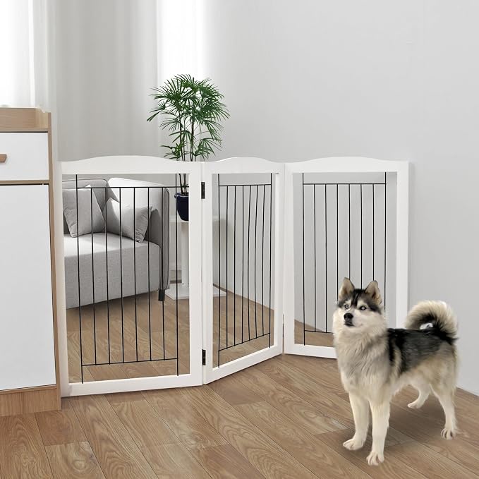ZJSF Freestanding Foldable Dog Gate for House Extra Wide Wooden White Puppy Gate Stairs Dog Gates Doorways Tall Pet Gate 3 Panels Pet Fence