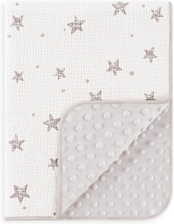 Susurration Baby Blanket for Unisex Boys Girls, Soft Nursery Minky Blanket with Muslin Cotton Front and Dotted Fleece Back, Receiving Blanket for Baby Newborn Infant, 30x40inch (Beige Star)