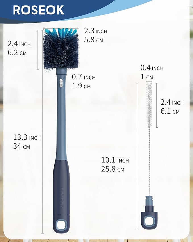 ROSEOK 2in1 Bottle Scrubbing Brush with Straw Brush has Long and Comfortable Handle, Cleaning Glass, Sports Bottle, Coffee Mug,2 Pack, Grayish Blue