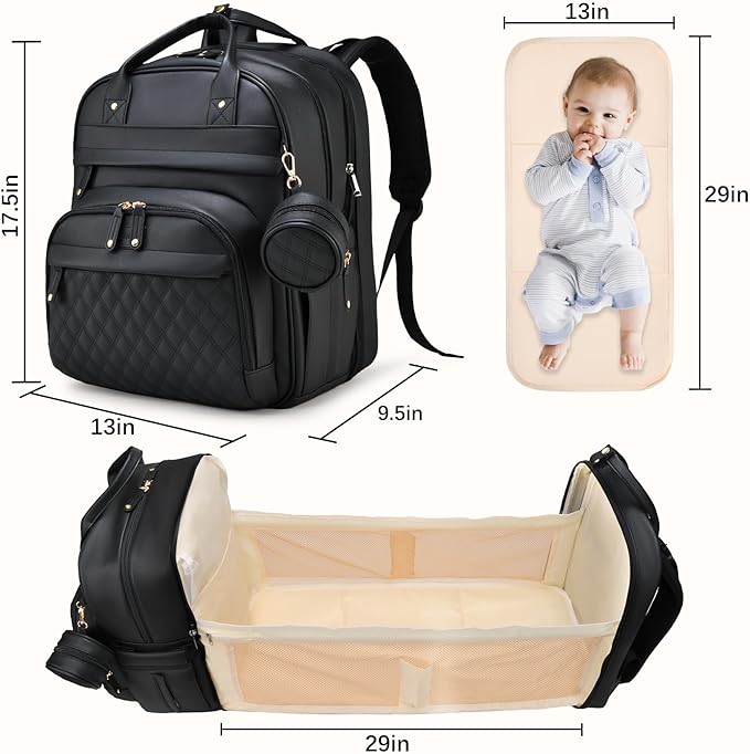 Leather Diaper Bags with Changing Station，Baby Bag，Large Capacity Diaper Bag Backpack for Moms Dads,Waterproof Diaper Backpack（Black）