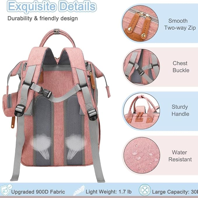 Diaper Bag With Changing Pad, Travel Waterproof Bagpack Diaper Bag For Mom Dad With USB Charging Port, Large Capacity & Multifunctional With Insulated Pacifier Case - Pink