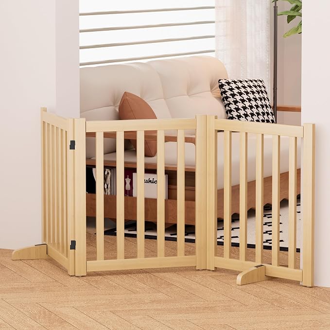 Wooden Freestanding Foldable Dog Gate, 24 Inch Height 3 Panel Pet Gate No Drill for Doorways Stairs, Fully Assembled Indoor Puppy Fence (Wood Color, 60" W x 24" H)