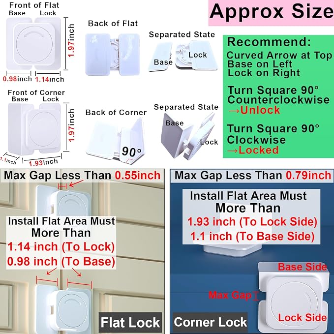 Corner & Flat Drawer Locks Baby Proofing, Refrigerator Lock Child Safety for Filing Cabinets Door Edges Oven Cupboard Kitchen Room, Fridge Latches Petproof for Toddler Cat, Upgarde Adhesive