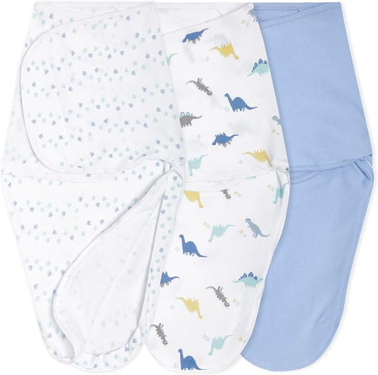 aden + anais Essentials Easy Swaddle Wrap Quick Change with Bottom Zipper, Snug Cotton Knit Baby Wrap Swaddle Blanket for Newborns, TOG 1.0, 3-Pack, Dino-Rama, 0-3 Months, Small/Medium