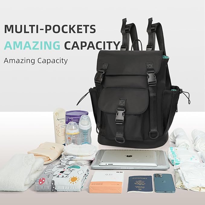 MOMINSIDE Diaper Bag Backpack with Large Wet Pocket, Small Diaper Bag Mini Baby Bag for Girls Boys, 2 Insulated Pockets, Stroller Straps (Black)