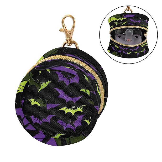 Pacifier Holder with Clip Pacifier Case for Diaper Bag Round Baby Pacifier Pouch Box Bag Portable Halloween Bats Black