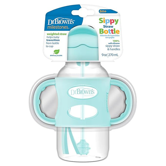 Dr. Brown's Wide-Neck Sippy Straw Bottle with Handles, Green, 9oz/270ml, 1-Pack
