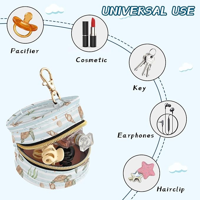 Turtles Seashells Stripe Pattern Pacifier Holder Case for Diaper Bag Portable Travel Pacifier Storage Case with Clip Newborn Baby Pouch for Baby Girls Boys Purse Outdoor