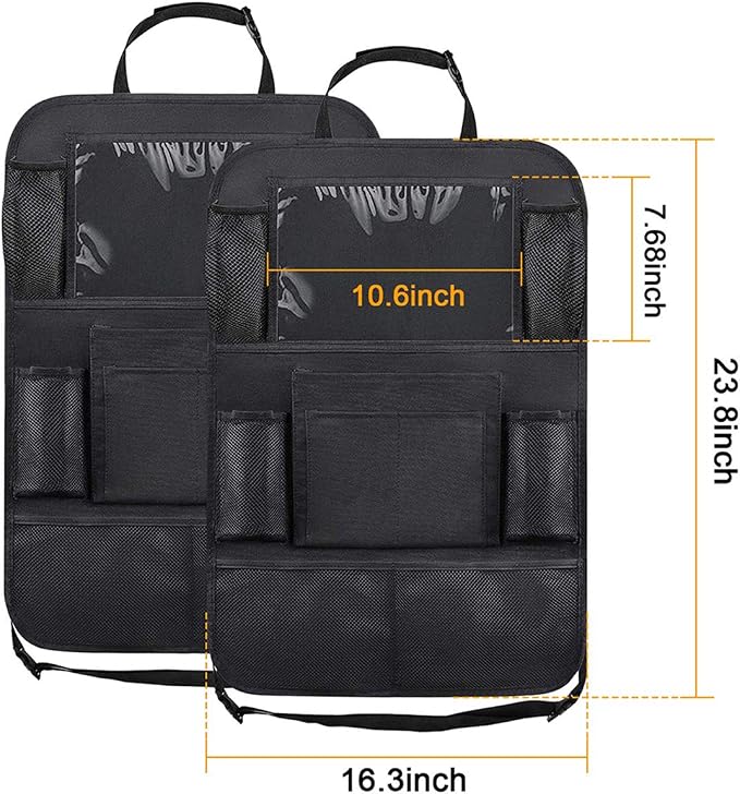 Car Seat Organizer Back Seat with 10" Tablet Holder Adjustable Straps 9 Storage Pockets Kick Mats Car Seat Back Protectors Great Travel Accessories for Kids and Toddlers 2 Pack + 2 Car Headrest Hook