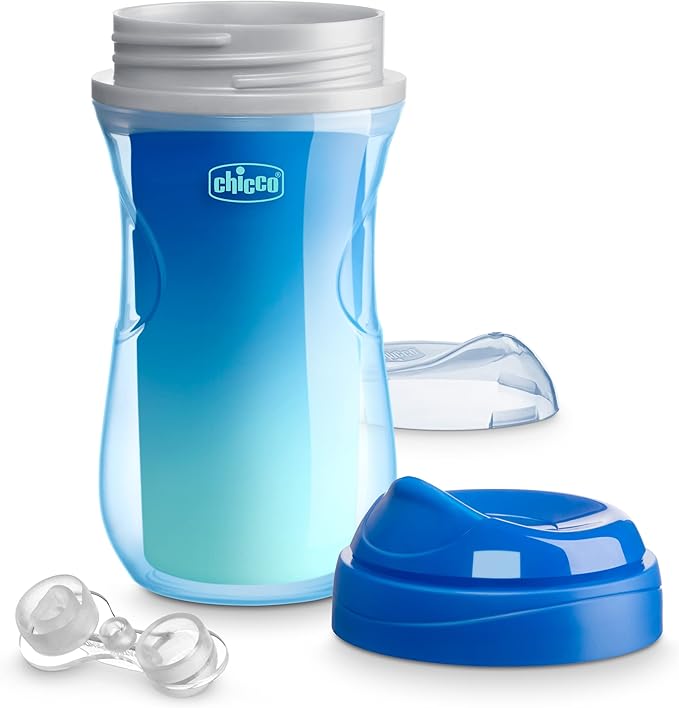 Chicco Double-Wall Insulated Sippy Cup with Bite-Proof Rim Spout and Spill-Free Lid 9oz. | Top-Rack Dishwasher Safe | Easy to Hold Ergonomic Indents | Blue/Teal Ombre, 2pk | 12+ months