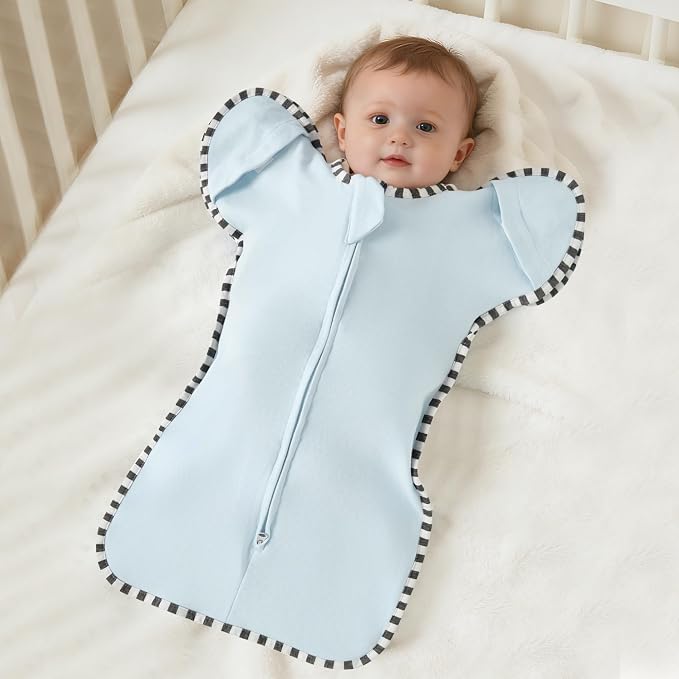 Soft Cotton Swaddle Blanket, Arms Up Baby Sleep Sack, Wearable Sleep Bag for Boys Girls (Light Blue + Light Grey, L(6-9 Months))