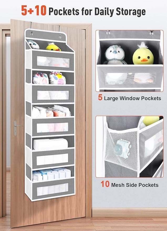 Over The Door Organizer Storage, 5 shelf Hanging Door Organizers with 10 Large Capacity Pockets, Anti Tilt 48 lb Load Behind Door Organizer for Bedroom, Bathroom, Pantry (Grey, 1 Pack)