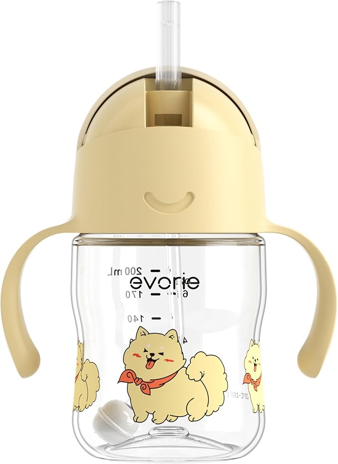 Evorie Tritan Weighted Straw Sippy Cup with Handles for Baby and Toddlers, Spill Proof Baby Water Bottle with Straw for 6 months and up, 7 Oz, Infant Training Water Bottle (Puppy Yellow)