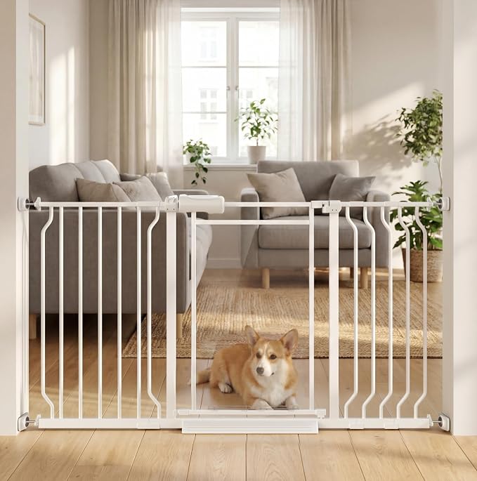 Triple Lock Clear Acrylic Baby Gate 29.5"-57.5, Extra Wide Auto Close Dog Gate for Doorways, Pressure Mount Indoor Child Safety Barrier for Toddlers and Pets, White